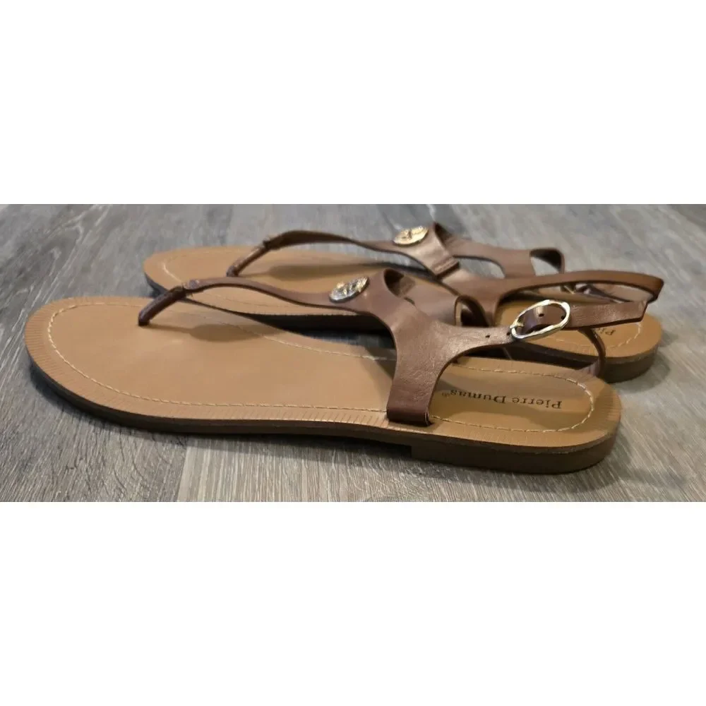 Pierre Dumas‎ Sandals Thong Brown Ankle Strap Gold Medallion Accents 9M